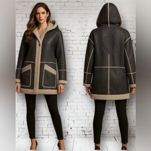 GOES Genuine Leather Hooded Shearling Coat – Fully Fur Lined – Size L